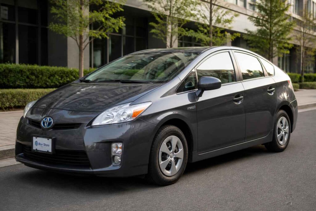Toyota Prius przed nowoczesnym biurowcem Grafitowa Toyota Prius zaparkowana przy ulicy przed nowoczesnym budynkiem i zielenią miejską